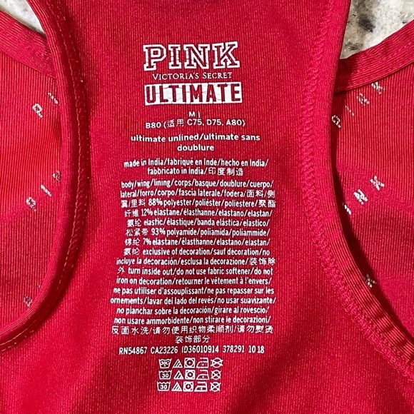 Victoria Secret Pink Ultimate Unlined Red Sports Bra Size Medium Metallic Logo - Picture 5 of 5